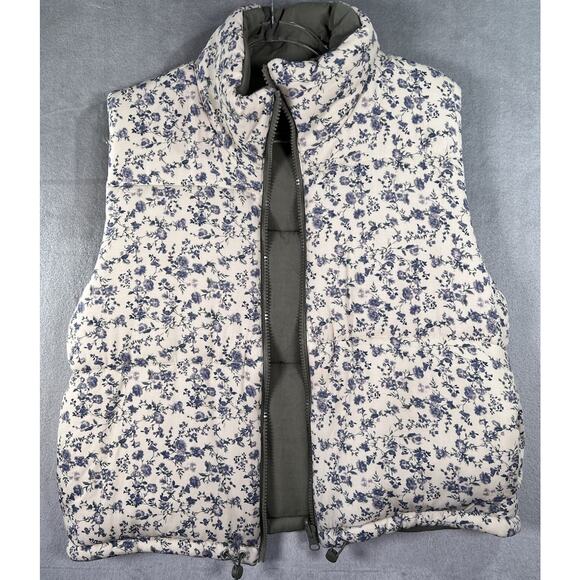 Blank NYC Reversible Puffer Vest Cream Floral Print Olive Green Large Cottage - Picture 6 of 12